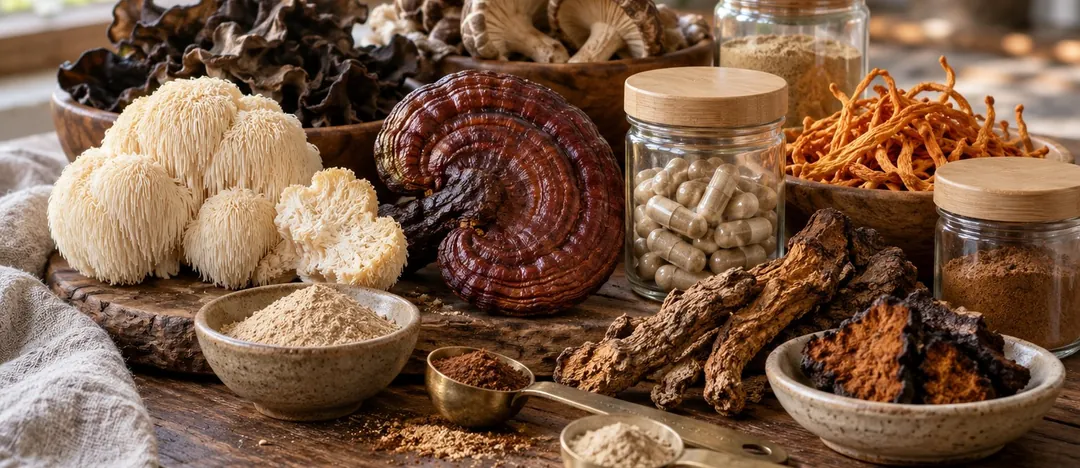 Champignons adaptogènes séchés, poudres et gélules sur une table en bois