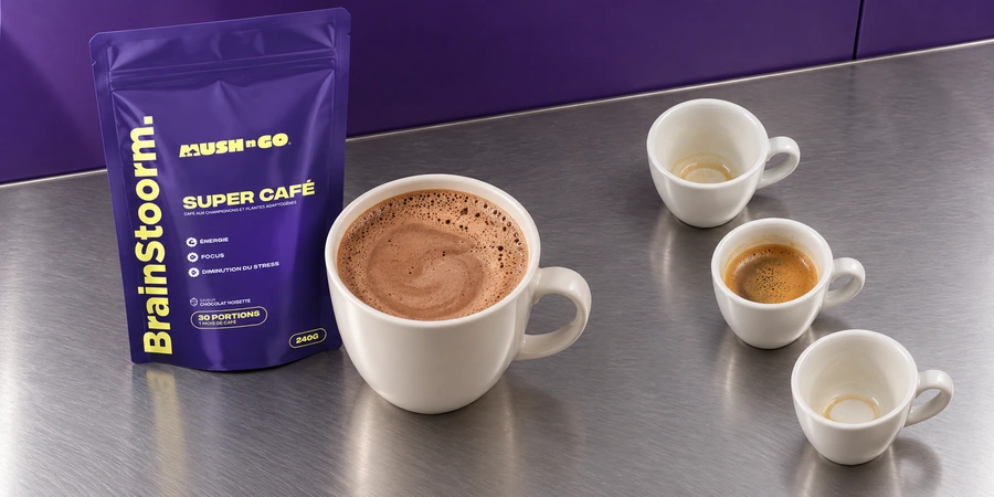 Sachet de Brainstoorm près d'une tasse de boisson chocolat noisette et de trois tasses d'expresso dont deux vides