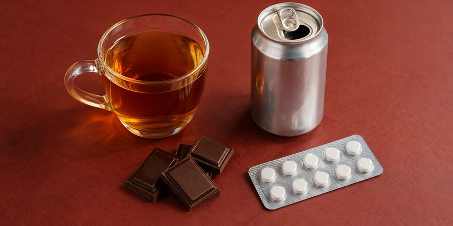 Tasse de thé, canette de soda, carrés de chocolat noir et plaquette de comprimés réunis sur une table