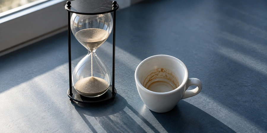 Sablier posé à côté d'une tasse d'expresso vide dans la lumière du matin